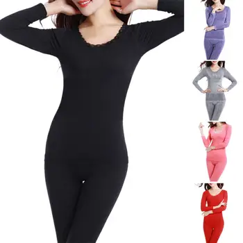 1 Set Femeile Lung Johns Moda Model De Dantela Cu Maneci Lungi O-Gât De Iarnă De Culoare Solidă Lenjerie De Corp Termice Costum De Pijama Set Haine