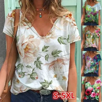 2023 Femei Floare Abstract Print Short Sleeve T-Shirt de Vară de Moda Noua Doamna V-Neck Loose Topuri de Bumbac S-5XL Tricouri