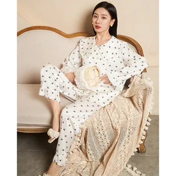 2023 Noul sosit Primăvara și Toamna Frunze de Lotus Guler Mic Bowknot Gheață Pijamale de Mătase pentru Femei cu Mâneci Lungi Stil francez Îmbrăcăminte exterioară