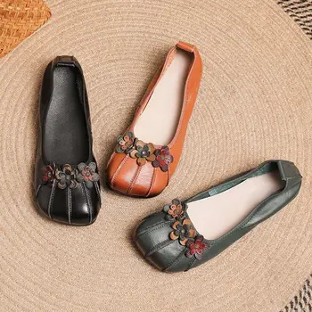2023 Vintage Florale Balerini Femei din Piele Superficial Pantofi Mama Conducere Mocasini Femei Retro Confortabil Verde Mocasini