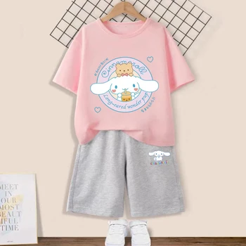 2 buc/seturi de Vară Kuromi Cinnamoroll Copii T-Shirt, pantaloni Scurți Minunat Sanrio Anime Tricou Casual, Haine de Fată Băiat Sport Cadouri