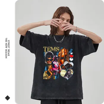 Tems Tricou Hip Hop Femeie Rapper, Cântăreț de Epocă Spălat Sus Teuri Supradimensionat tricou Harajuku Maneca Scurta Tricouri Barbati din Bumbac