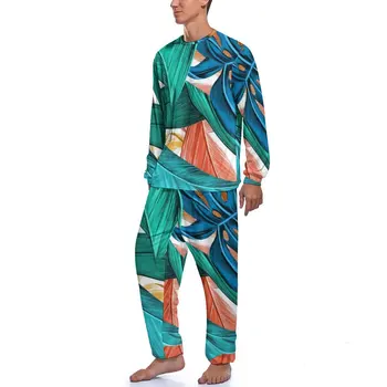Tropicale Cu Frunze Pijamale Omul Verde Și Albastru Plante Romantice De Îmbrăcăminte De Noapte De Toamna Cu Maneci Lungi 2 Buc Home Design Seturi De Pijama