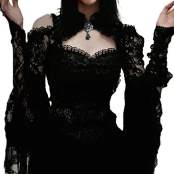 Vintage Estetice Crop Top Pentru Femei Negru Gol Afară De Dantelă Cu Maneci Lungi Tricou Femme Gotic Haine Petrecere De Halloween Grunge Tee
