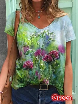 2023 Femei Floare Abstract Print Short Sleeve T-Shirt de Vară de Moda Noua Doamna V-Neck Loose Topuri de Bumbac S-5XL Tricouri