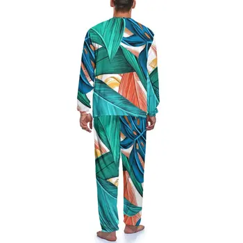 Tropicale Cu Frunze Pijamale Omul Verde Și Albastru Plante Romantice De Îmbrăcăminte De Noapte De Toamna Cu Maneci Lungi 2 Buc Home Design Seturi De Pijama