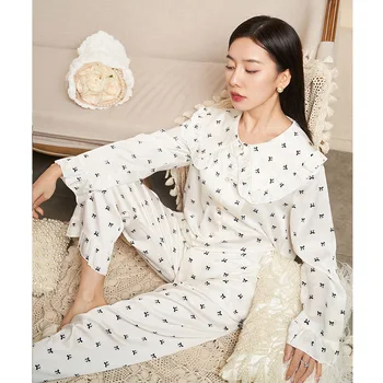 2023 Noul sosit Primăvara și Toamna Frunze de Lotus Guler Mic Bowknot Gheață Pijamale de Mătase pentru Femei cu Mâneci Lungi Stil francez Îmbrăcăminte exterioară