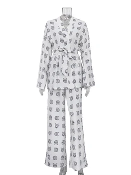 Marthaqiqi Liber Casual Imprimare Pijamale De Noapte Femei Poartă Elegant Cu Maneci Lungi Din Dantela-Up Haine Cu Pantaloni Largi Set De Sex Feminin Pijamale