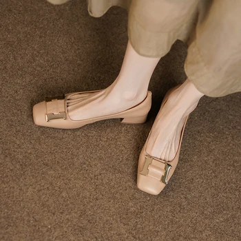 33-40 de mari dimensiuni primăvară piele de oaie pentru femei pantofi catarama pătrat simplu toc mediu gros toc alb pantofi pentru femei